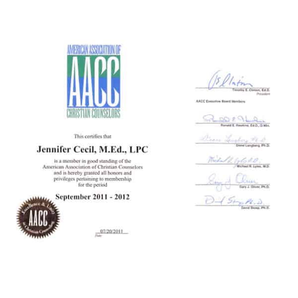 Jennifer Cecil American Association Of Christian Counselors Certificate